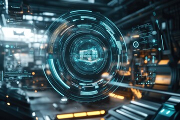 Fototapeta premium Futuristic holographic display showcasing a 3D building model with digital data overlays.