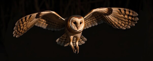 Fototapeta premium Barn owl soars gracefully in twilight, showcasing remarkable beauty wings spread