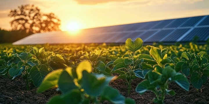 solar energy generation agriculture farm green plants under solar panels eco-friendly landscape sunset
