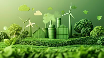 Sustainable green industry landscape, eco-friendly factories, wind turbines, and trees