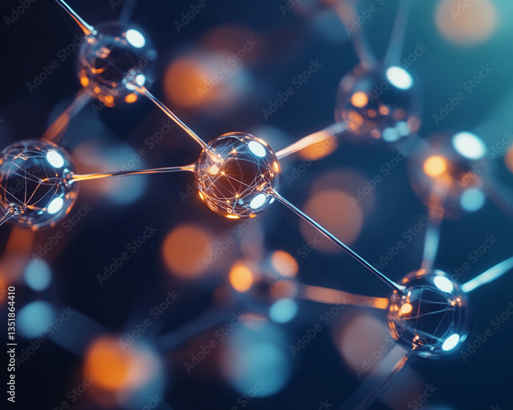 Poster abstract image of glowing spheres connected by thin rods, creating a molecular structure, symbolizin