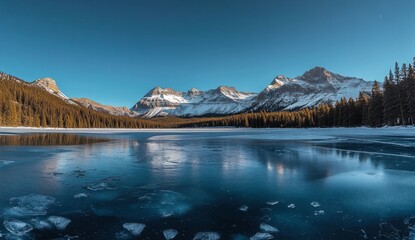 Frozen mountain lake sunrise, clear reflection, winter landscape, travel postcard