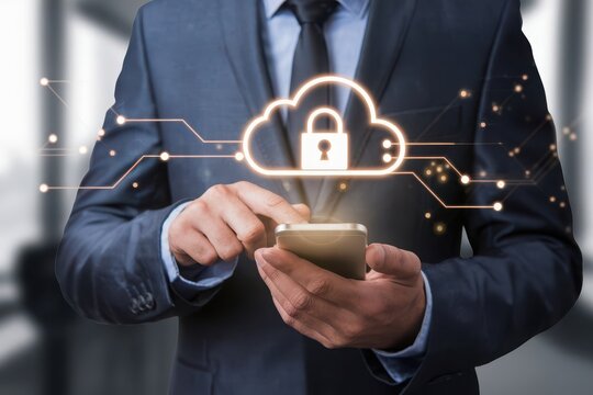 Businessman using secure cloud storage and security on smartphone