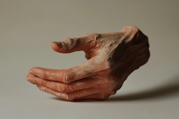Fototapeta premium A terracotta hand sculpture, seemingly offering or receiving, with a textured, earthy surface.