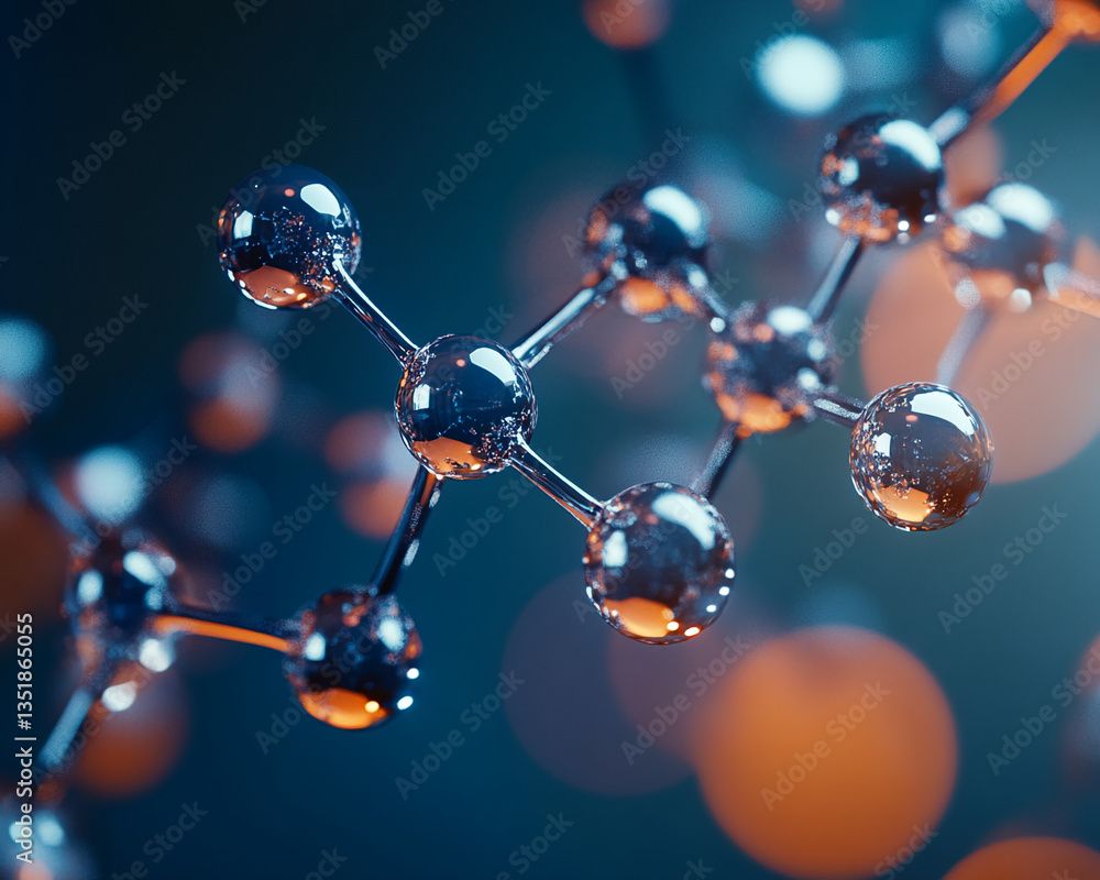 Poster close-up of metallic molecule model, spherical atoms connected by rods, reflecting light, creating a