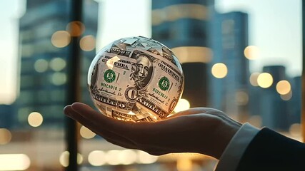 1_Hand spinning a globe made of crumpled dollar bills in a neon office - Powered by Adobe