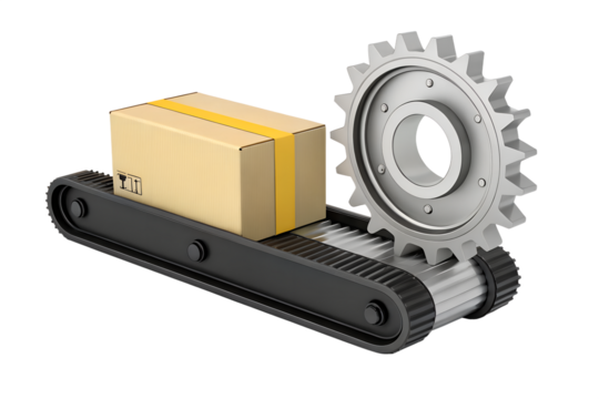Conveyor belt: A close-up image of a conveyor belt transporting a cardboard box, alongside a cogwheel, symbolizing efficient logistics and automated processes.