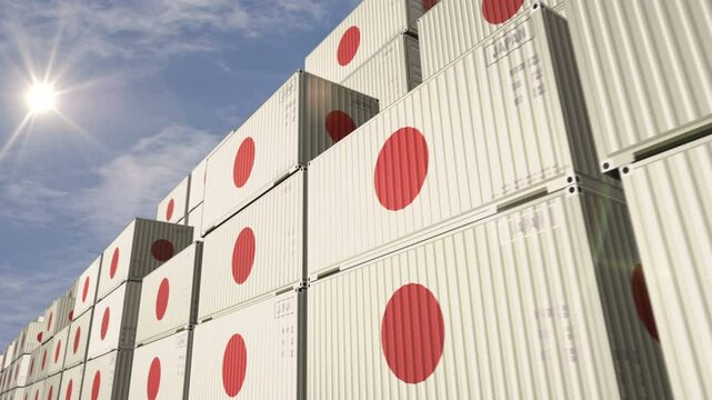 Japan export production and import cargo containers in row seamless and looping concept. Japanese flag industrial shipping box 3d loop.