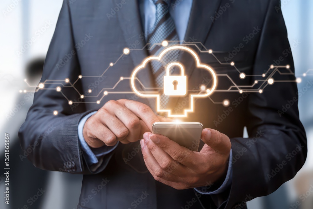 Poster businessman using secure cloud storage and security on smartphone