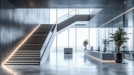 Obraz premium Minimalist Modern Office Interior with Glass Staircase and Polished Concrete Flooring