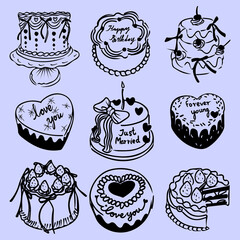 Collection Of Handdrawn Cakes With Various Decorations And Messages For Celebration and special Occasion