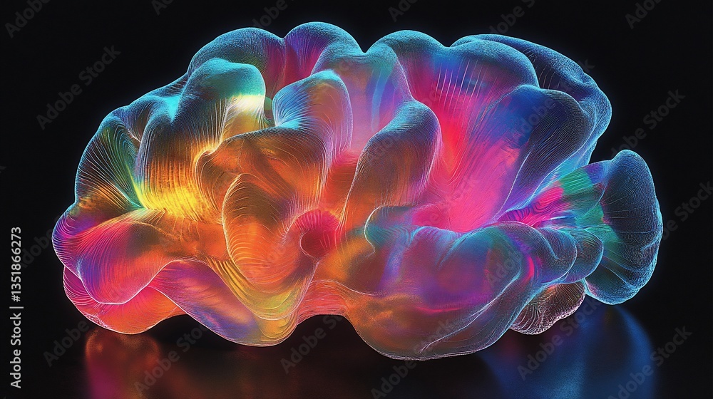 Poster abstract 3d rendering of a textured multi-colored organic shape against a dark background