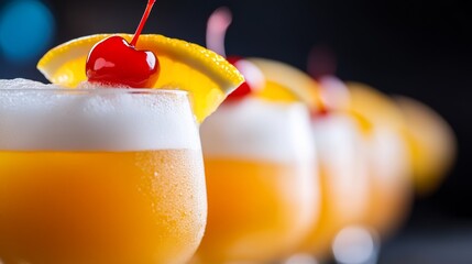 A row of glasses with a cherry on top of each one. The glasses are filled with a yellow liquid