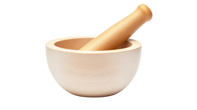 A wooden mortar and pestle set, designed for grinding and mixing ingredients in culinary practices.