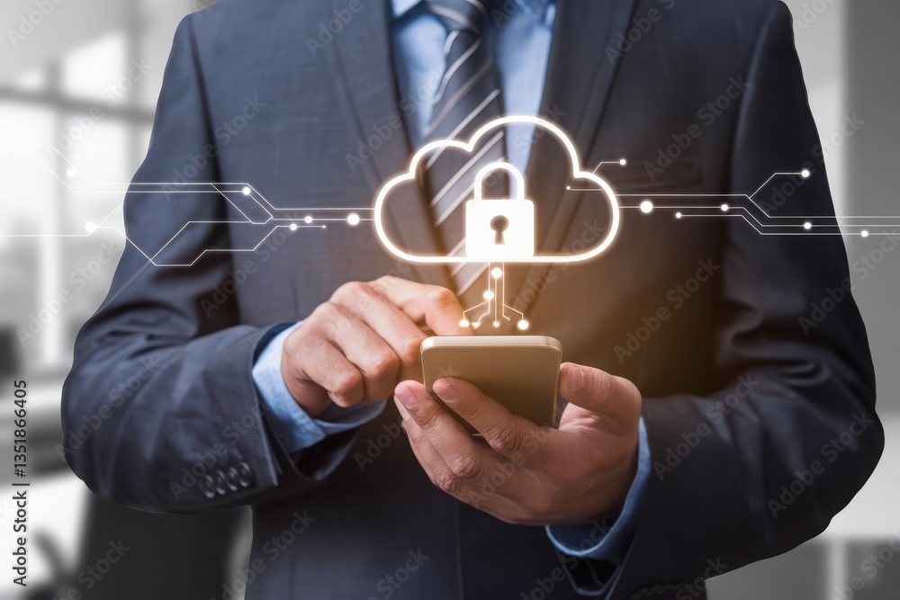 Poster businessman using secure cloud storage and security on smartphone