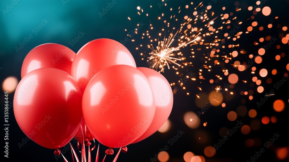 Poster a bunch of red balloons with a sparkler in the middle. the balloons are lit up and the sparkler is c