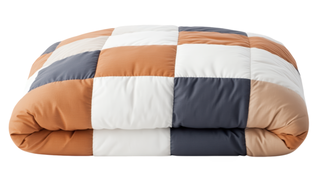 A cozy, quilted blanket featuring a patchwork design in earthy tones of brown, beige, and grey.