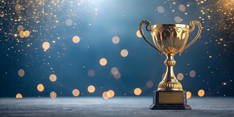 A gleaming golden trophy symbolizing ultimate victory and achievement amidst a cascade of celebratory sparks a testament to dedication with soft focused bokeh background and dark slate platform.
