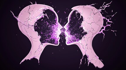 Explosive Connection: Two Shattering Faces in Electrifying Pink Artwork