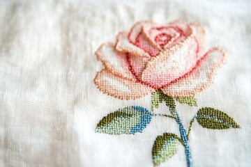 Close-up of delicately embroidered rose with pastel shades on off-white fabric.