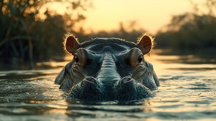 Fototapeta premium Hippopotamus head emerging from water at sunset.