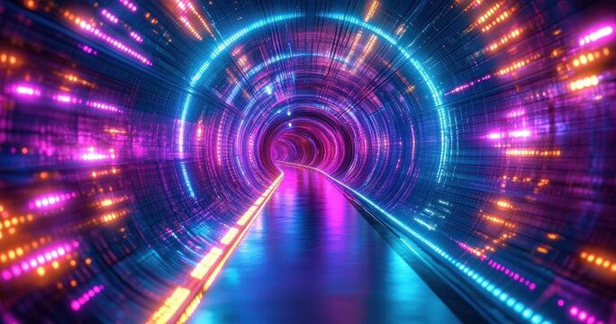 Futuristic neon tunnel glowing lights vibrant particles beams algorithm binary code abstract technology