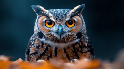 Fototapeta premium A large owl with yellow eyes stares at the camera. The image has a moody and mysterious feel to it, as the owl's gaze seems to be piercing and intense