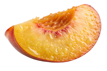 A glistening slice of summer peach ripe with juicy sweetness evoking warm afternoons and carefree joy against a striking dark background showcasing vibrant textures and mouthwatering details.