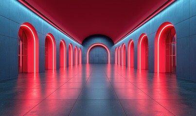 Red neon lights illuminate a long, arched corridor with a reflective floor