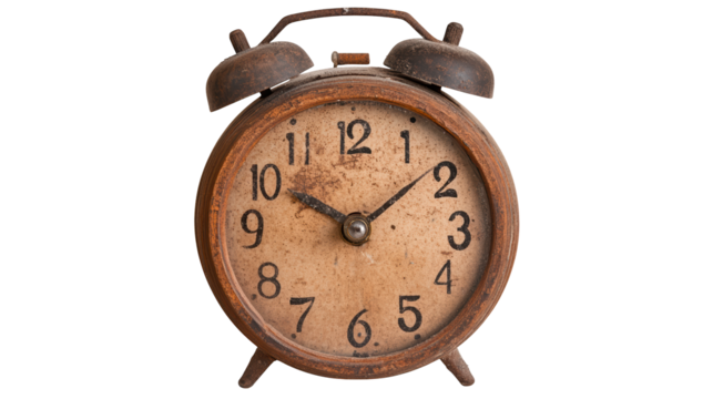 A vintage alarm clock with a rustic appearance, featuring a worn-out face and oversized bells on top.