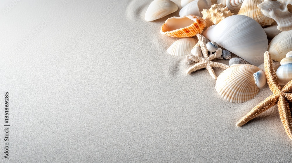 Poster a beach scene with shells and starfish. the shells are scattered around the starfish, creating a sen