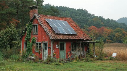 Obraz premium Rustic Red Cottage with Solar Panels in Autumnal Setting