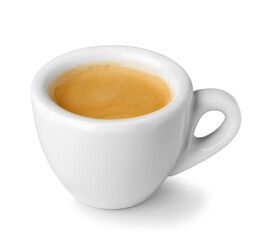 Small cup espresso revealing golden crema layer isolated on white background