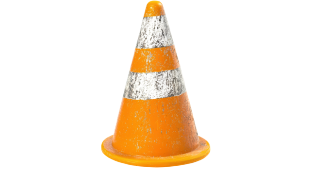 A weathered orange traffic cone with white stripes, commonly used for road safety and traffic management.