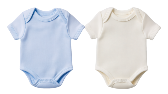 Two baby bodysuits in soft fabric, one light blue and one off-white, featuring short sleeves and snap closures. - Powered by Adobe