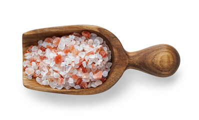 Top view of wooden scoop with himalayan salt isolated on white background