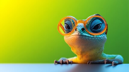 A frog wearing glasses is looking at the camera. The frog is wearing orange glasses and has a green body. The image has a playful and whimsical mood, as the frog is wearing glasses