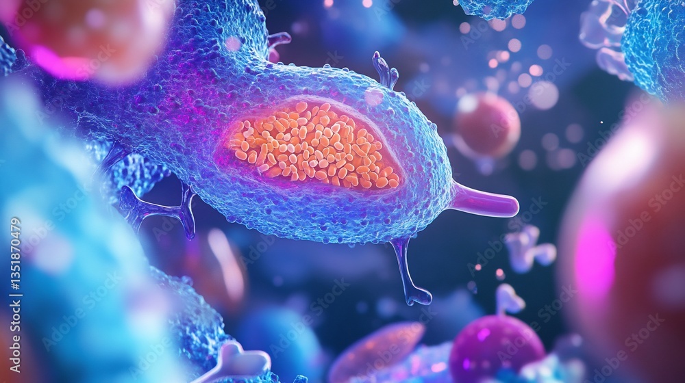 Poster microscopic cellular structures with pink and orange components in a blue background