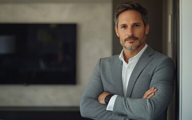 Obraz premium Eye-level, waist-up shot of a man in his forties, wearing a gray suit and white shirt, arms crossed, looking at the camera and standing against a living room wall with a flat-screen TV behind him.