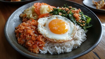 A delicious plate of asian style food with fried egg on a wooden table