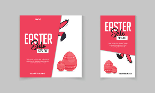Easter day promotion banner, sale discount post template design with rabbit ears, Easter egg vecto