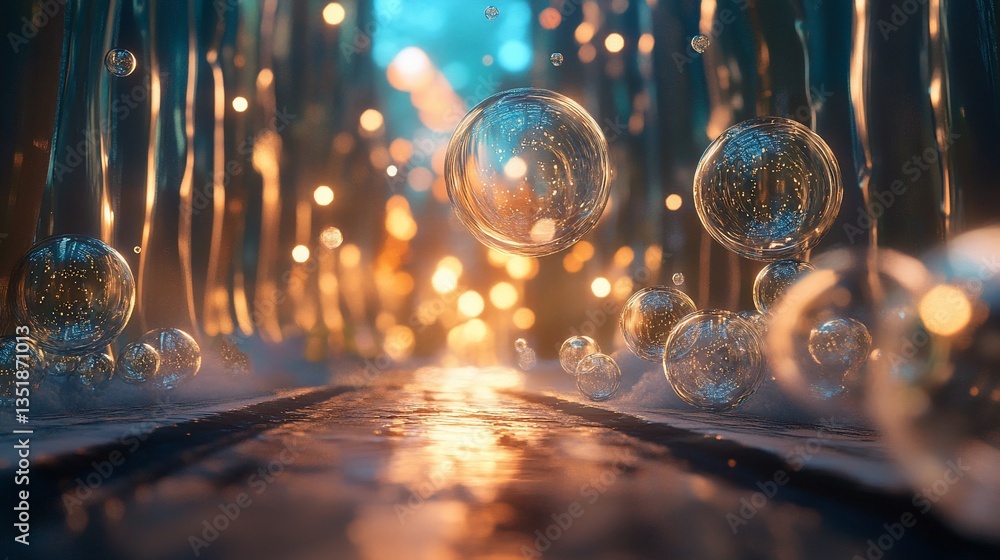Poster abstract futuristic image of floating bubbles with blurred lights and glossy surfaces
