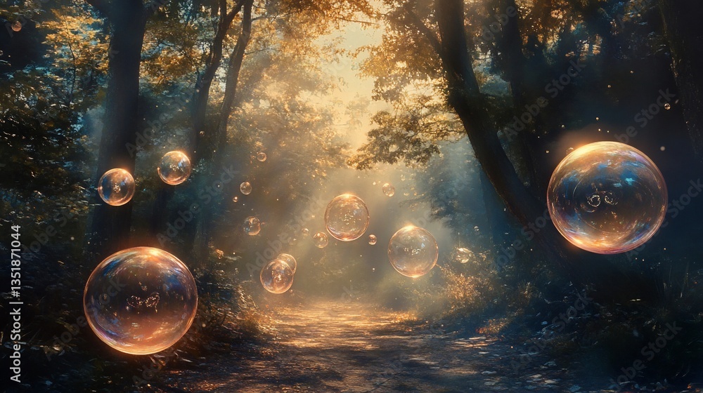 Poster enchanted forest path with glowing ethereal orbs and soft sunlight filtering through