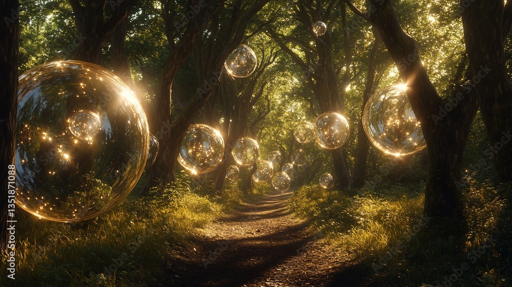 Poster mystical forest pathway with floating orbs and sunlit illumination through the trees