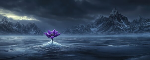 A single purple flower growing out of the ice on a frozen lake, with sharp mountain peaks rising against a dark, cloudy sky