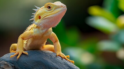 Obraz premium A lizard is sitting on a rock, looking at the camera. The lizard is yellow and has a long tail
