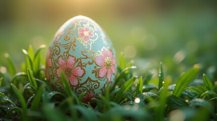 A beautifully detailed Easter egg with intricate floral patterns rests among fresh grass in the soft morning light.