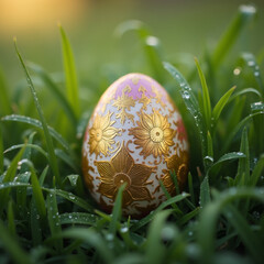 A beautifully detailed Easter egg with intricate floral patterns rests among fresh grass in the soft morning light.