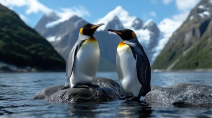 Obraz premium Two majestic penguins stand on a rock in the water, with snow-capped mountains in the background