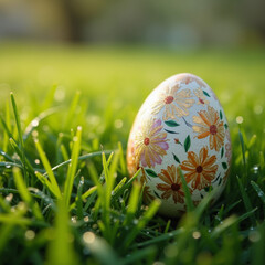 A beautifully detailed Easter egg with intricate floral patterns rests among fresh grass in the soft morning light.